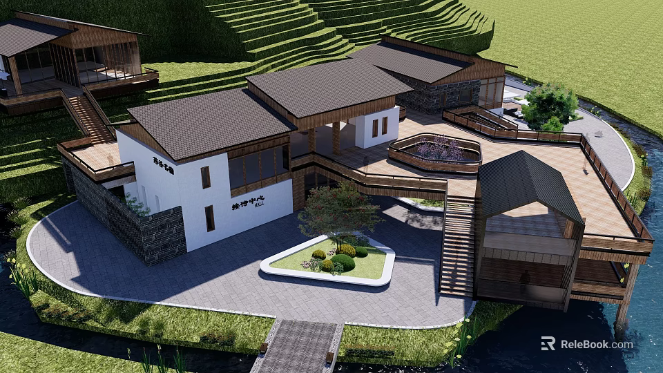 Traditional Chinese Garden Landscape With Connected Tile Roof Buildings Wooden Walkway And Pond 3d model 