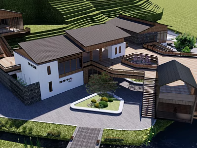 Traditional Chinese Garden Landscape With Connected Tile Roof Buildings Wooden Walkway And Pond 3d model
