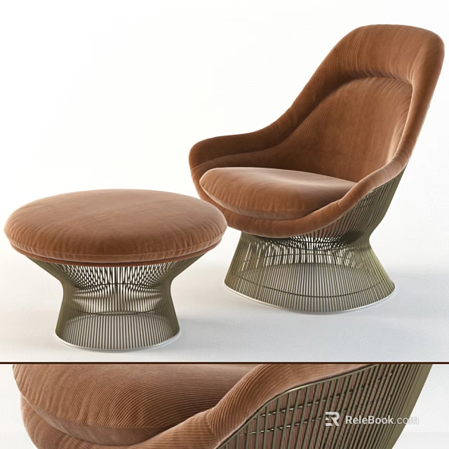 Brown Velvet Accent Chair With Metal Mesh Base And Matching Ottoman 3d model 