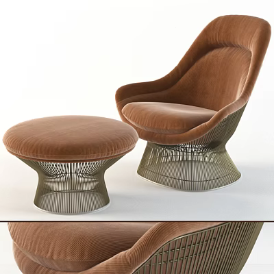 Brown Velvet Accent Chair With Metal Mesh Base And Matching Ottoman 3d model