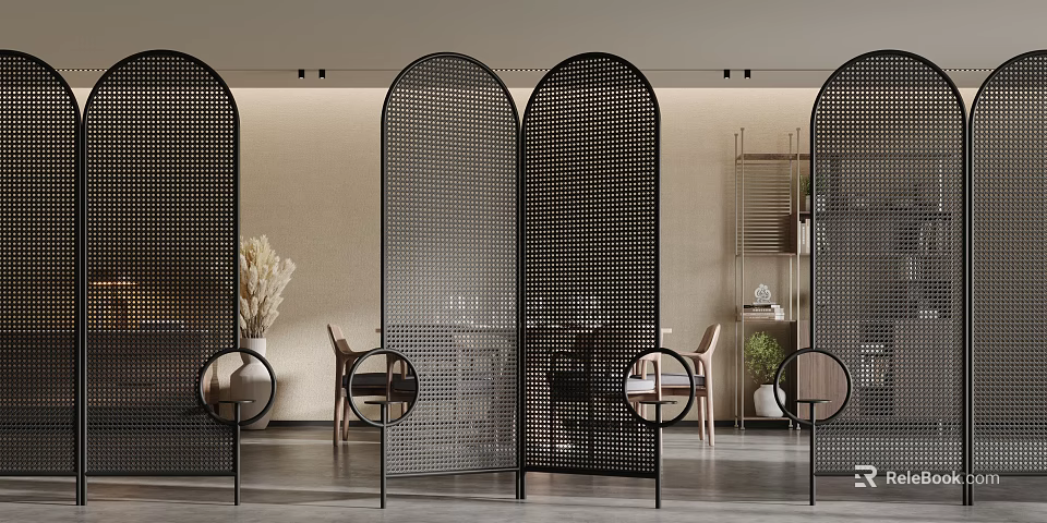 Black Metal Perforated Screen With Arches And Circles In Interior 3d model