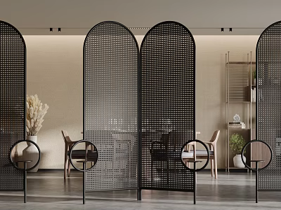 Black Metal Perforated Screen With Arches And Circles In Interior 3d model