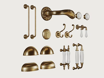 Golden Door Handles Featuring Various Ornate Designs And Decorative Styles 3d model