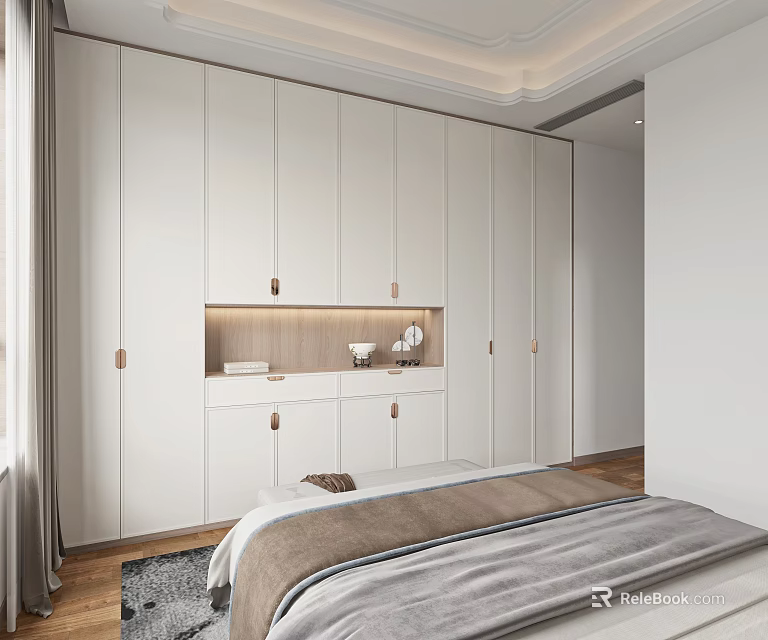 Modern Bedroom With Built In White Wardrobes Brass Handles Gray Brown Bedding And Wooden Flooring 3d model 