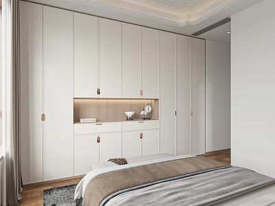 Modern Bedroom With Built In White Wardrobes Brass Handles Gray Brown Bedding And Wooden Flooring 3d model