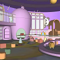 Colorful Purple Kindergarten Open Space Design With Bookshelves Circular Play Area Windows Slide And Toys