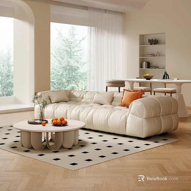 Modern Living And Dining Area With Beige Sofa Coffee Table And Dining Table Set 3d model