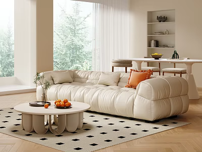 Modern Living And Dining Area With Beige Sofa Coffee Table And Dining Table Set 3d model