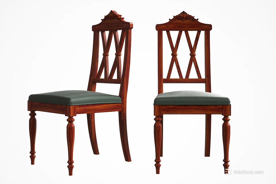 Traditional Wooden Dining Chairs With Crossback Design And Green Padded Seats 3d model 