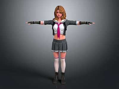 Woman With Arms Outstretched In School Uniform White Top Gray Skirt And Pink Tie 3d model