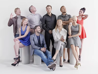 Group Of Diverse People Posing Together In Casual Clothing On White Background 3d model