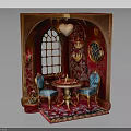 Dollhouse Interior With Arched Window Heart Shaped Chandelier Round Table Blue Chairs And Carpet