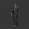 Smiling Man Standing and Holding Baby in Baby Carrier Against Gray Background