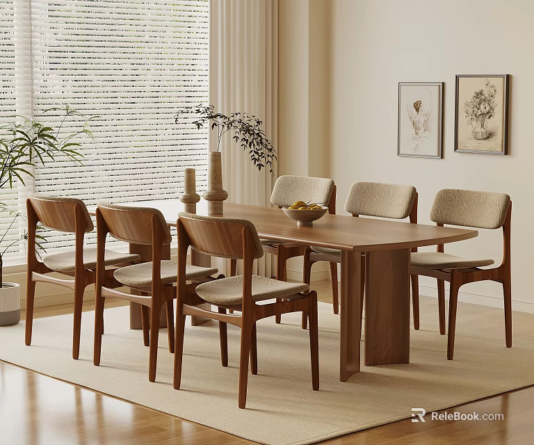 Modern Wooden Dining Table With Six Chairs Fruit Bowl Vases And Wall Art 3d model 