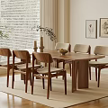 Modern Wooden Dining Table With Six Chairs Fruit Bowl Vases And Wall Art