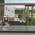 Villa Balcony With Wooden Pergola Outdoor Furniture Green Plants And City View