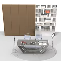 Modern Design Desk With Three Ring Lights Bookshelves And Transparent Chairs