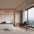 Modern Minimalist Bedroom Interior With White Bed Wardrobe Large Window And Soft Rug