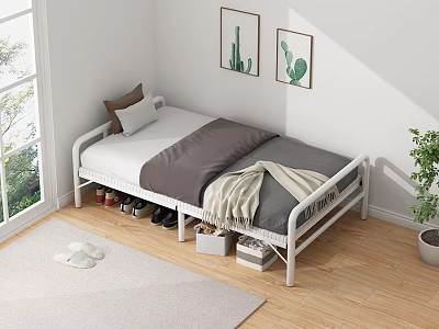 White Frame Double Bed With Gray White Bedding Underbed Storage Wall Art And Potted Plant 3d model