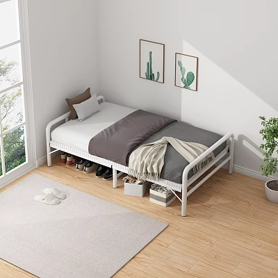 White Frame Double Bed With Gray White Bedding Underbed Storage Wall Art And Potted Plant 3d model