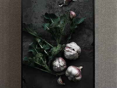 Organic Garlic Bulbs With Fresh Green Leaves On Dark Surface 3d model