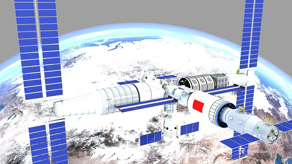 Space Station Orbiting Earth With Blue Solar Panels And Chinese National Flag 3d model 