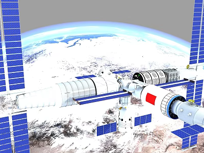 Space Station Orbiting Earth With Blue Solar Panels And Chinese National Flag 3d model