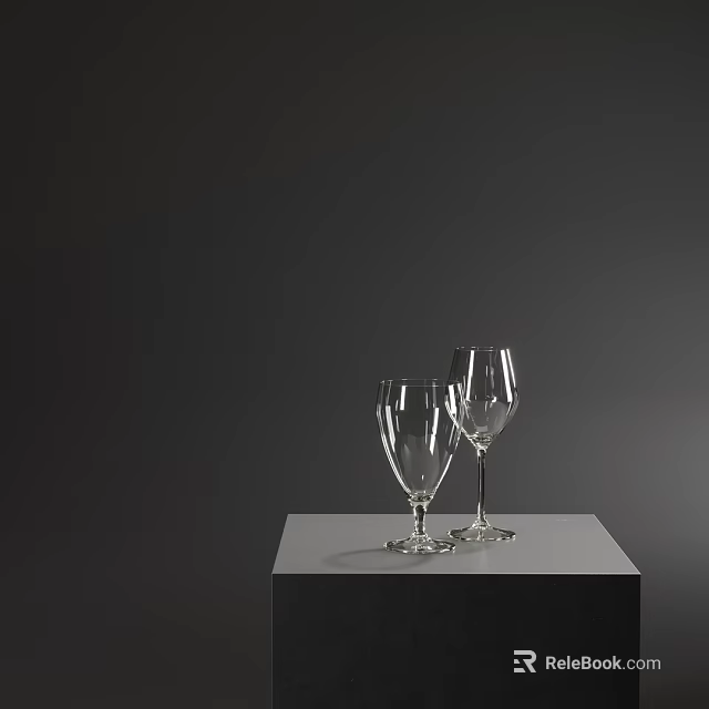 Two Elegant Transparent Wine Glasses Placed On Grey Table Against Dark Background 3d model 
