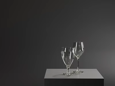 Two Elegant Transparent Wine Glasses Placed On Grey Table Against Dark Background 3d model