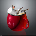 Red Mug With Hot Drink Topped With Marshmallows And Cinnamon Sticks