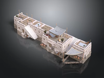 Ancient Stone Fortress Architecture With Gray Roofs Staircases Towers And Potted Plants 3d model