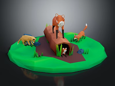 Cute Cartoon Scene With Foxes Badger Tree Stump And Green Grass 3d model