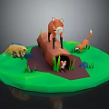 Cute Cartoon Scene With Foxes Badger Tree Stump And Green Grass