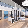 Modern Exhibition Hall Interior With Gray Door White Display Shelves Red Items And Blue Boards