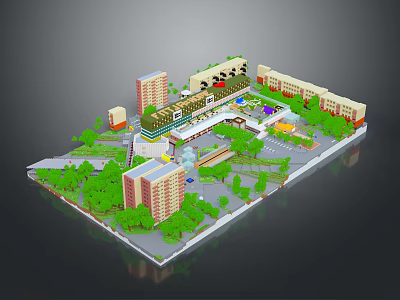 3D Architectural Model of Urban Complex With Buildings Greenery and Central Plaza 3d model