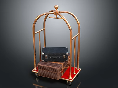 Golden Luggage Cart With Stacked Suitcases On Red Base And Wheels 3d model