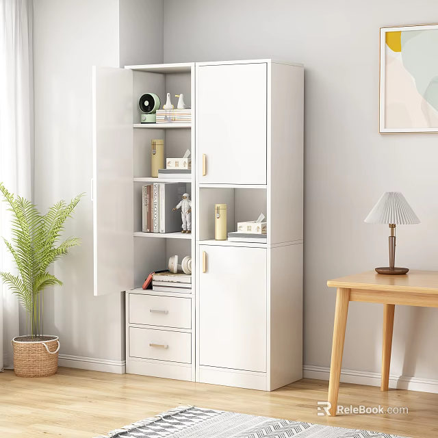 Modern White Bookshelf With Open Cabinet Doors Shelves Books Decorative Items Wooden Table And Green Plant 3d model 
