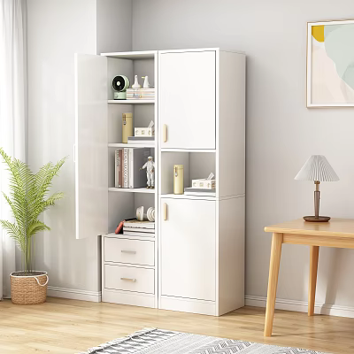 Modern White Bookshelf With Open Cabinet Doors Shelves Books Decorative Items Wooden Table And Green Plant 3d model