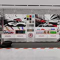 Garage Space With Stacked Tires Car Posters Color Swatches And Tool Shelves