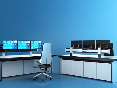Modern Office Desk Workstation With Multiple Monitors And Ergonomic Chair Setup 3d model