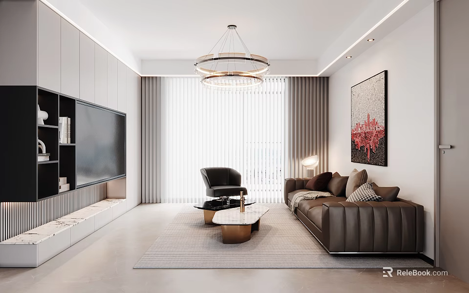 Bright Modern Minimalist Living Room With Leather Sofa And Marble Coffee Tables And Stylish Chandelier 3d model 
