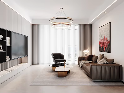 Bright Modern Minimalist Living Room With Leather Sofa And Marble Coffee Tables And Stylish Chandelier 3d model