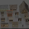 Various Rustic Wooden Houses With Diverse Roof Types And Small Architectural Details