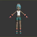 Game and Movie Character with Turquoise Hair White Tank Top Green Shorts and Roller Skates