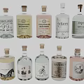 Assorted Gin Bottles with Diverse Labels and Brand Designs on 3d model