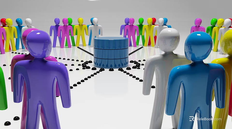 Commercial Equipment Blue Cylindrical Device Surrounded by Colorful Human Figures for Team Collaboration 3d model 