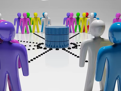 Commercial Equipment Blue Cylindrical Device Surrounded by Colorful Human Figures for Team Collaboration 3d model