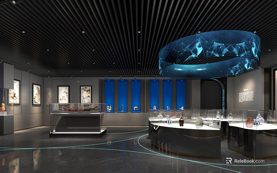 Art Exhibition Hall With Display Cabinets Blue Backdrop Walls And Circular Ceiling Decoration 3d model 