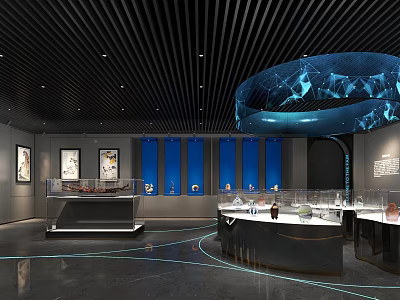 Art Exhibition Hall With Display Cabinets Blue Backdrop Walls And Circular Ceiling Decoration 3d model
