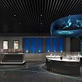 Art Exhibition Hall With Display Cabinets Blue Backdrop Walls And Circular Ceiling Decoration